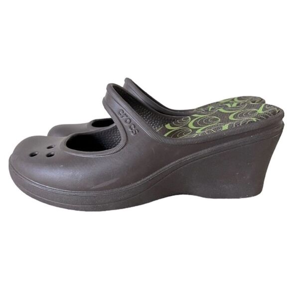 CROCS Frances Brown Slip On Mary Jane Style 3" Wedge Mules Clogs Women's Size 8 - Picture 4 of 12